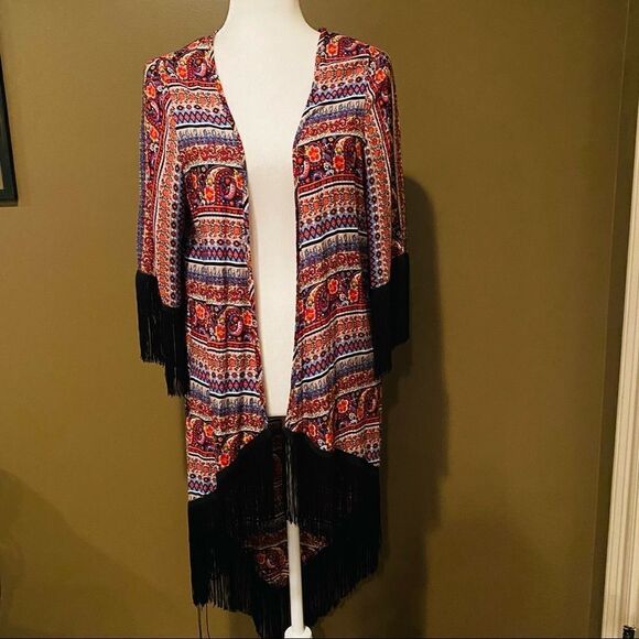 Love Tease Fringe Boho Kimono Cardigan Size Large - Picture 2 of 13